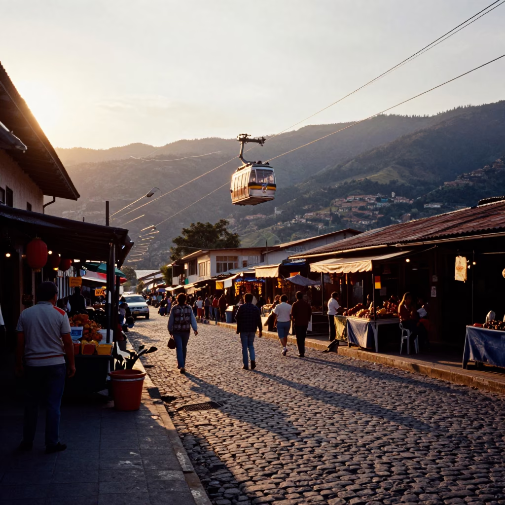 Golden Hour Street Scene in Medellin Colombia with Cable Car and Local Market Activity in in Medellin, Colombia