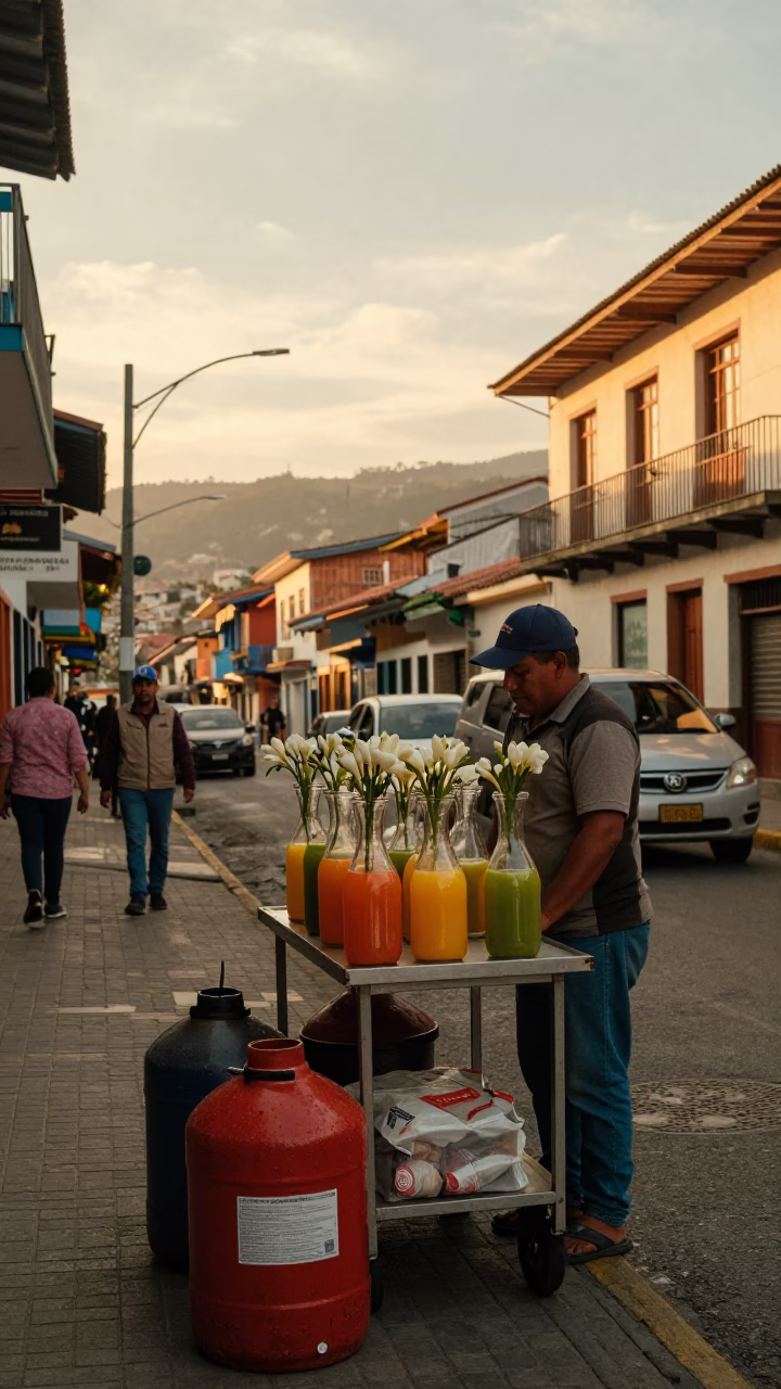 Golden Hour Street Scene in Medellin Colombia with Canisters and Freesia in in Medellin, Colombia