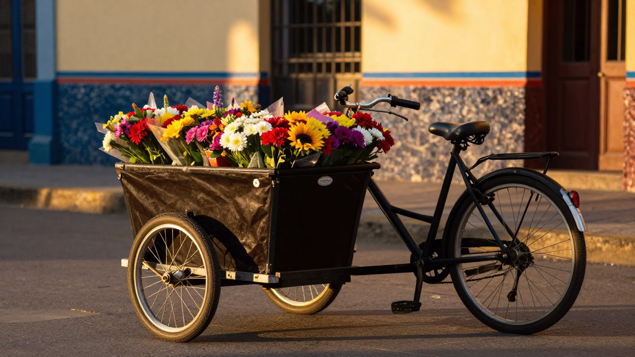 Golden hour street scene in Medellin Colombia with cargo bicycle and cut flowers in in Medellin, Colombia