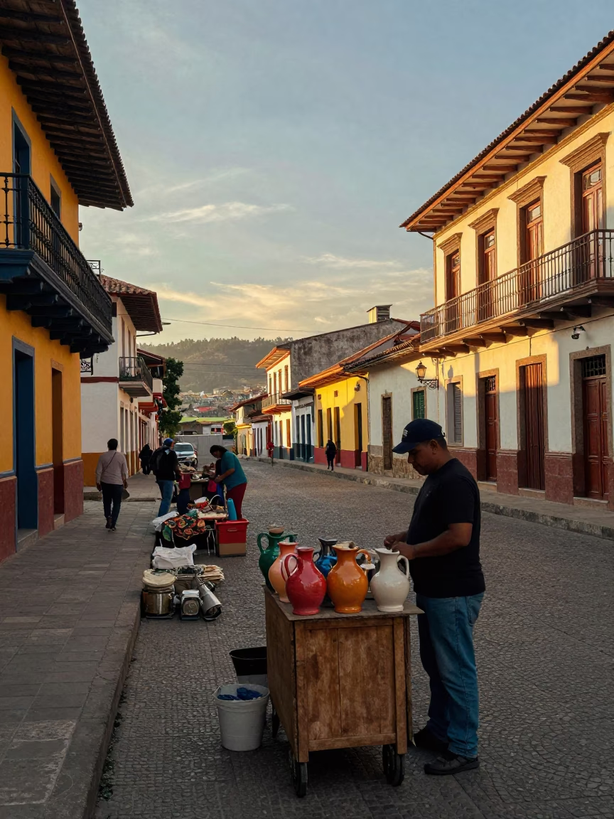 Golden Hour Street Scene in Medellin Colombia with Ceramic Pitcher and Local Market Activity in in Medellin, Colombia