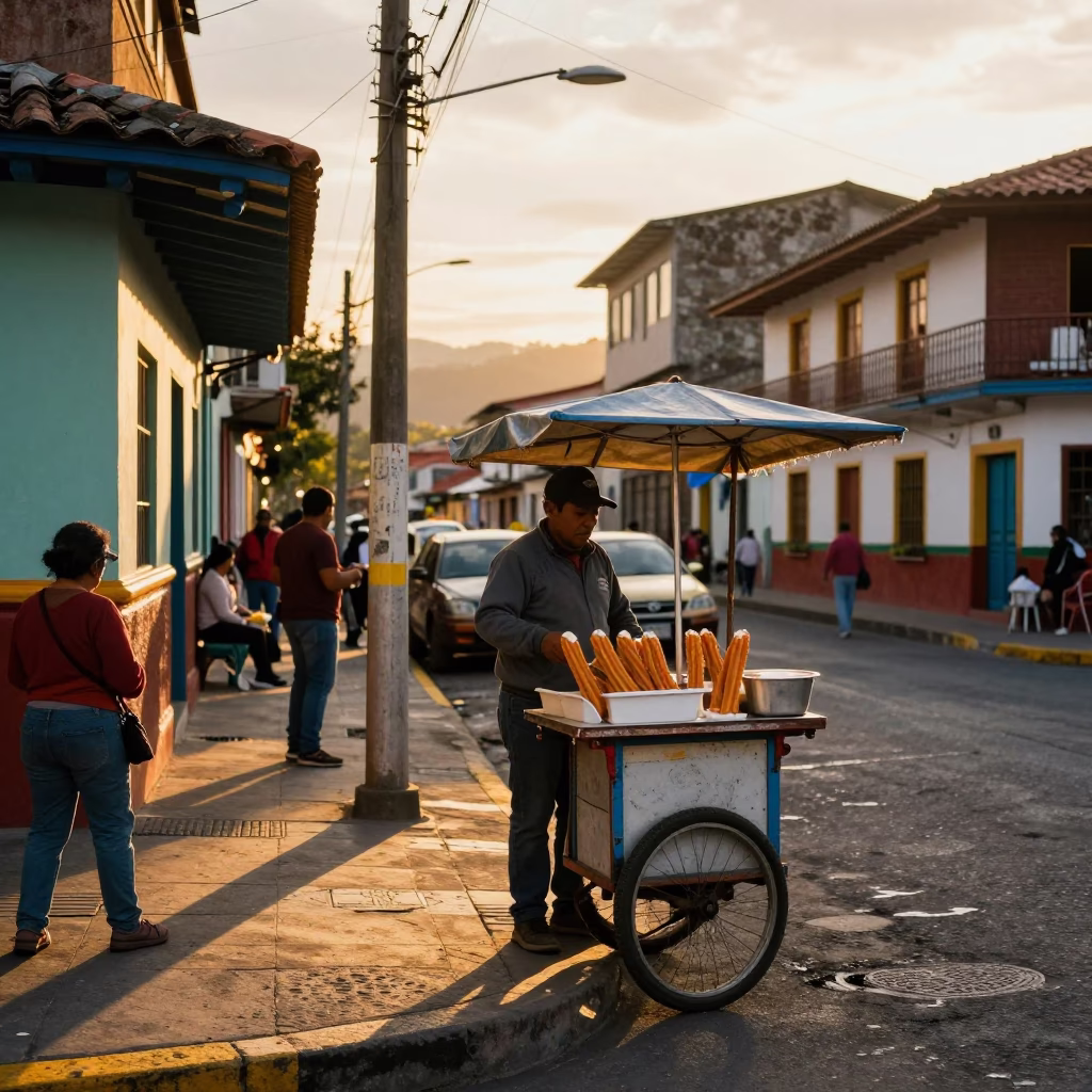 Golden Hour Street Scene in Medellin Colombia with Churros and Dulce de Leche in in Medellin, Colombia