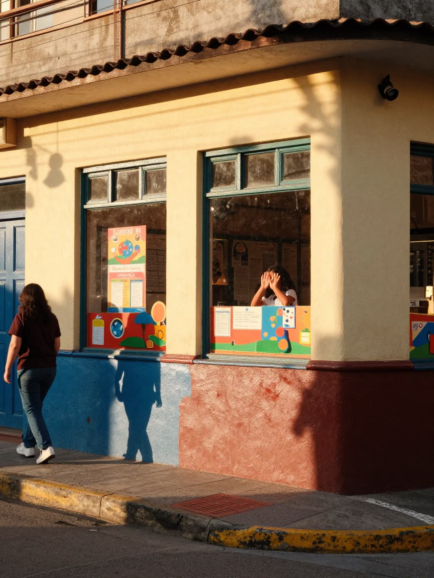 Golden Hour Street Scene in Medellin Colombia with Colorful Classroom Window Displays in in Medellin, Colombia