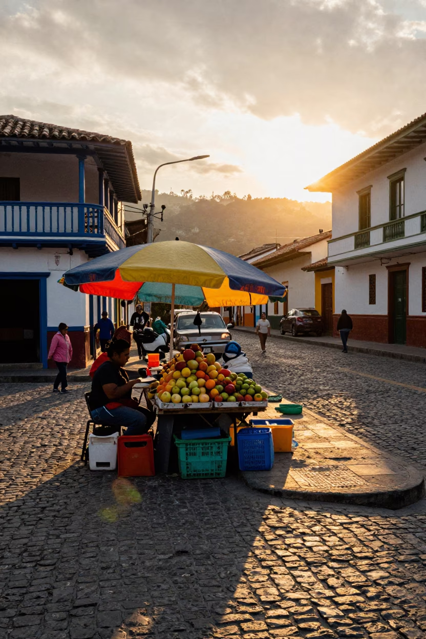 Golden Hour Street Scene in Medellin Colombia with Colorful Market Stall in in Medellin, Colombia