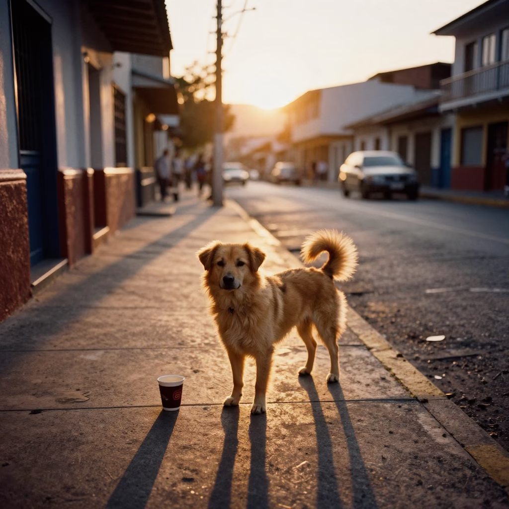 Golden Hour Street Scene in Medellin Colombia with Dog and Coffee in in Medellin, Colombia
