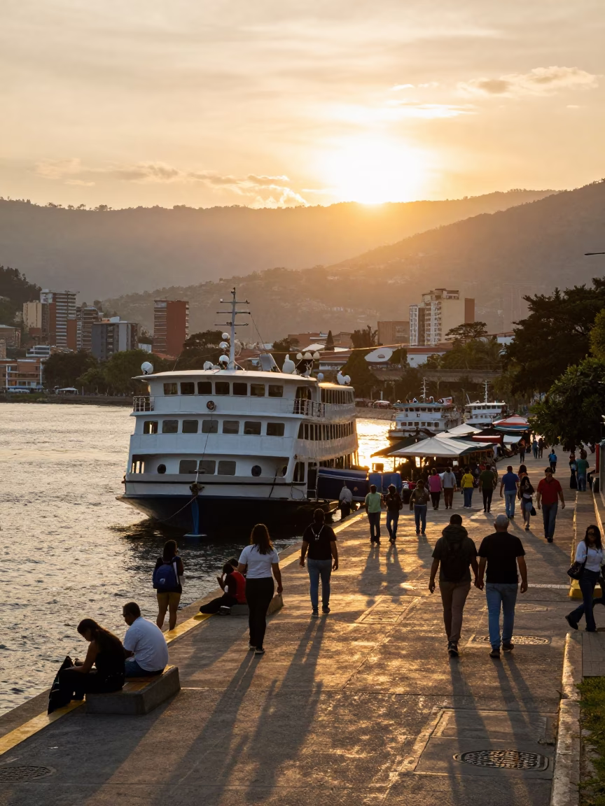 Golden Hour Street Scene in Medellin Colombia with Ferry and Horchata in in Medellin, Colombia