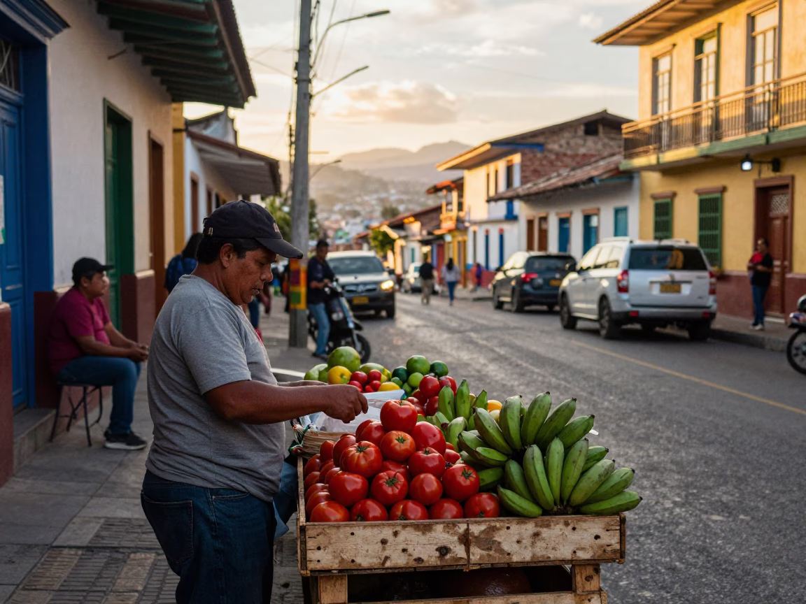 Golden Hour Street Scene in Medellin Colombia with Fruit Vendor and Local Interaction in in Medellin, Colombia