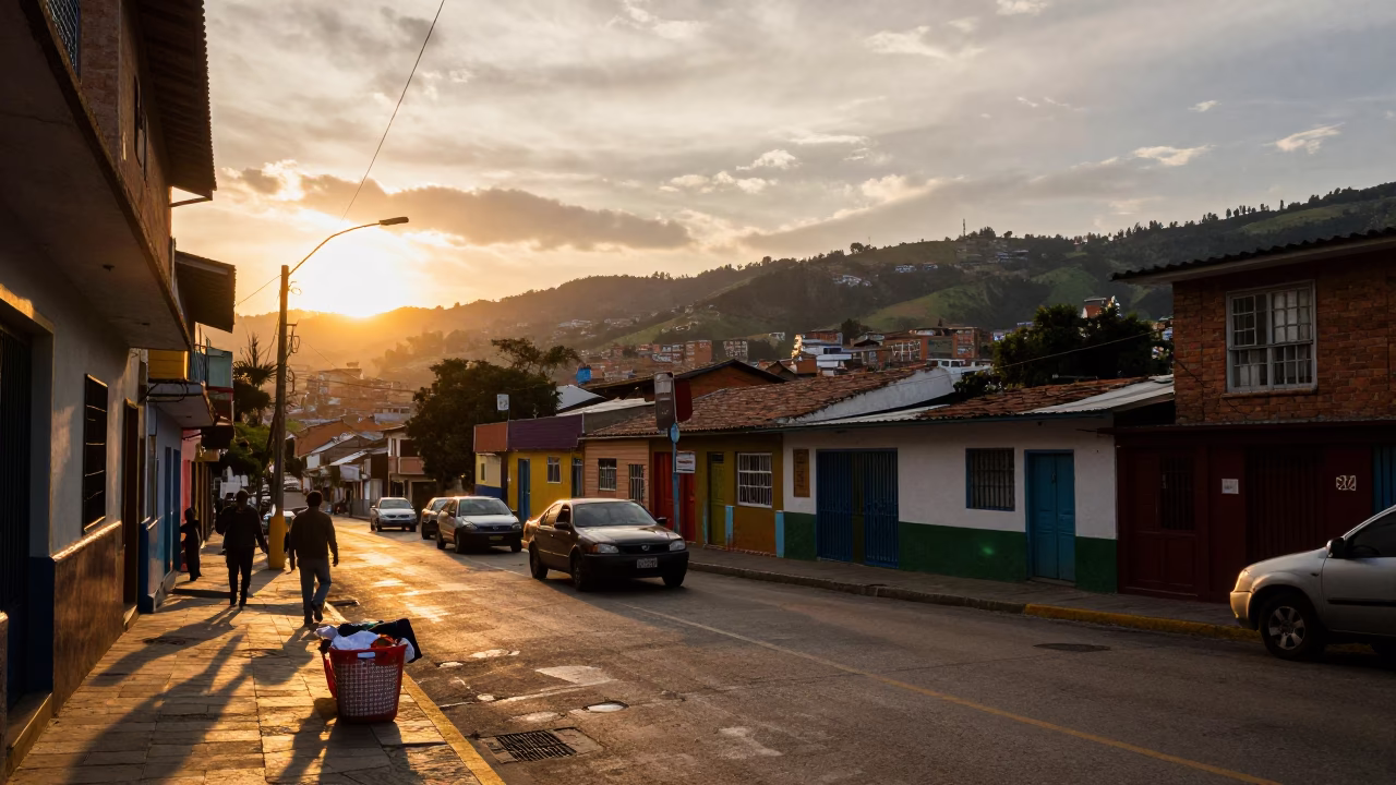 Golden Hour Street Scene in Medellin Colombia with Laundry Basket and Melons in in Medellin, Colombia