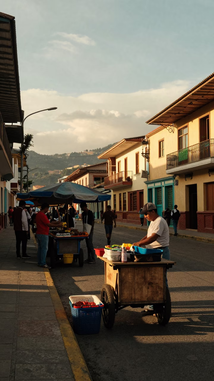 Golden Hour Street Scene in Medellin Colombia with Local Market Activity in in Medellin, Colombia
