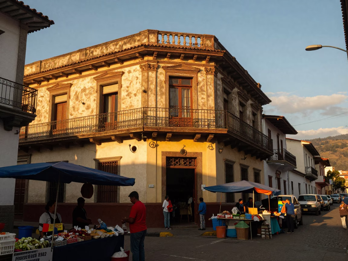 Golden Hour Street Scene in Medellin Colombia with Local Market Details in in Medellin, Colombia