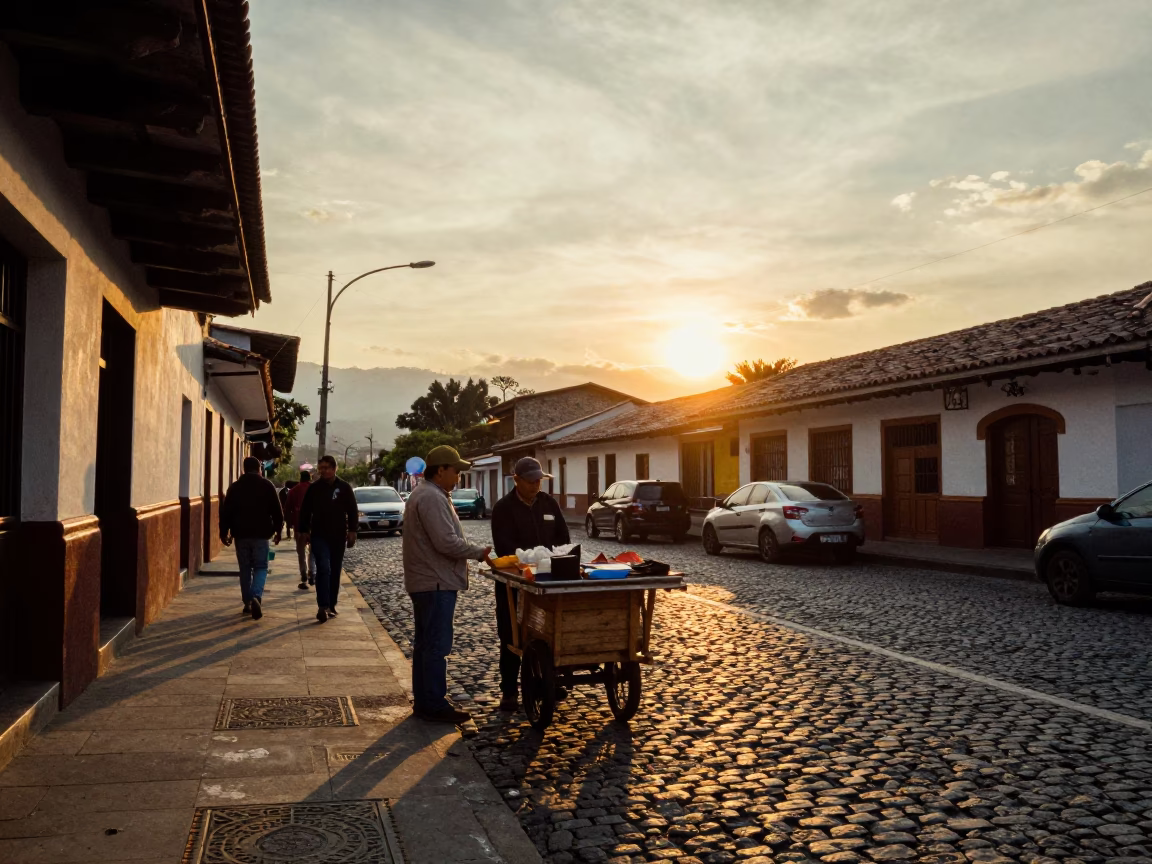 Golden Hour Street Scene in Medellin Colombia with Local Vendor and Traditional Ceramic Plate in in Medellin, Colombia