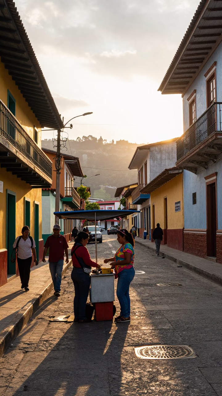 Golden Hour Street Scene in Medellin Colombia with Local Vendor in in Medellin, Colombia