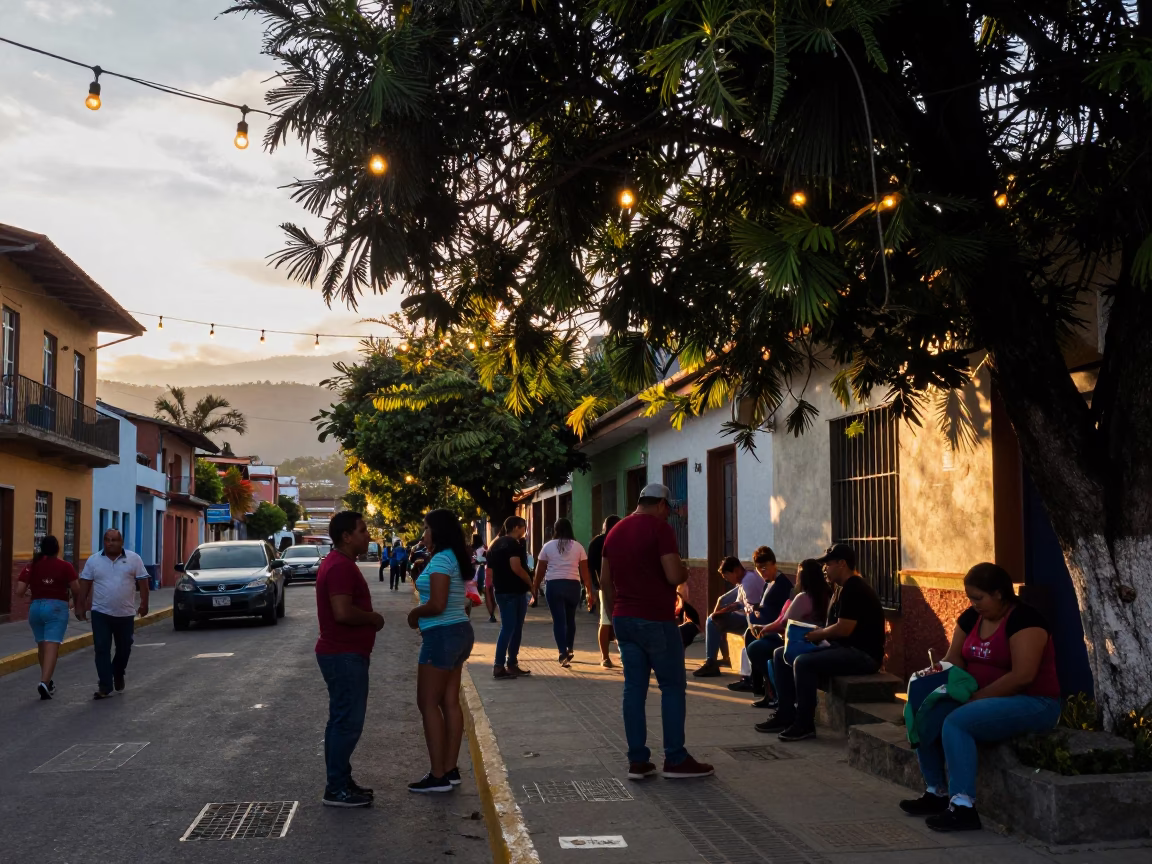 Golden hour street scene in Medellin Colombia with locals and hanging lights in in Medellin, Colombia