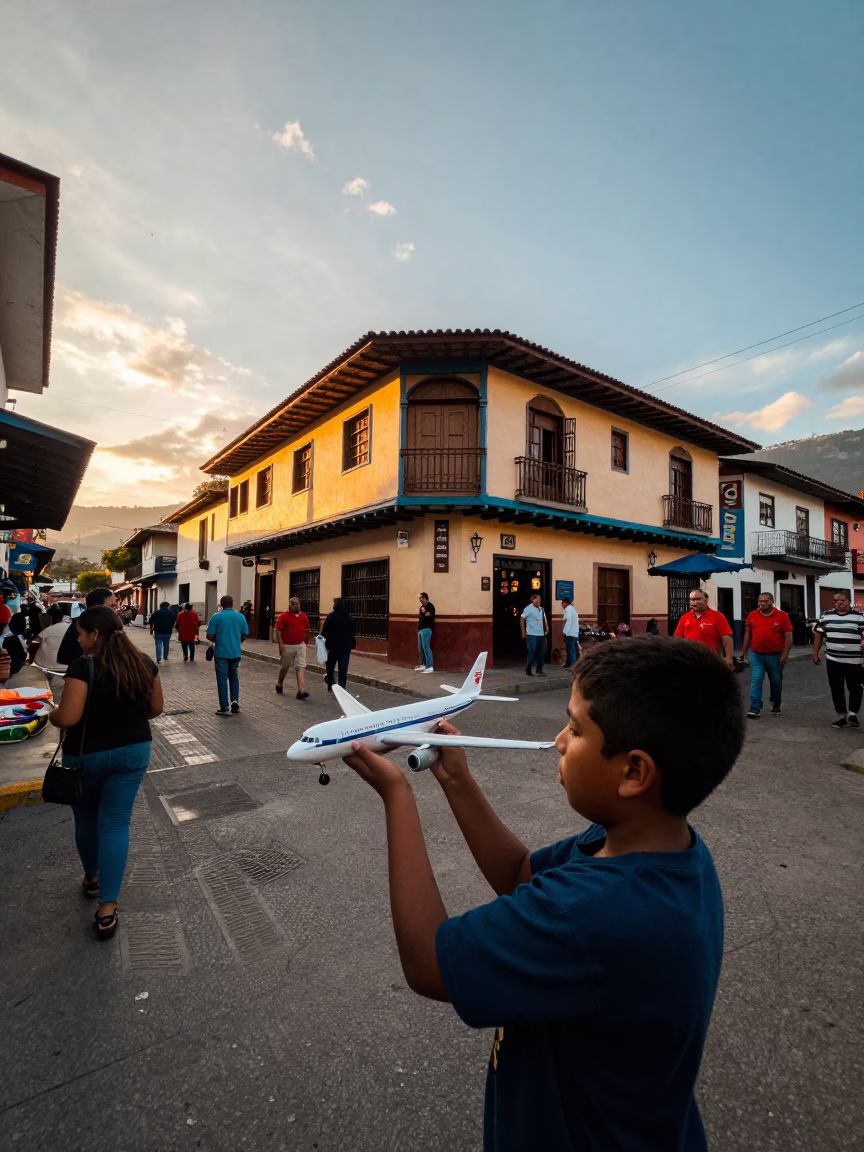 Golden Hour Street Scene in Medellin Colombia with Model Airplane and Local Market Activity in in Medellin, Colombia