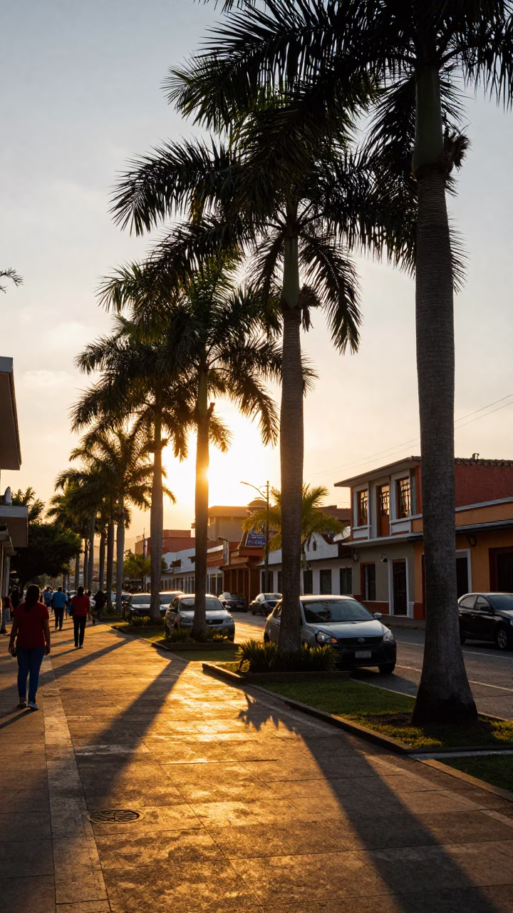 Golden Hour Street Scene in Medellin Colombia with Palm Trees and Pastries in in Medellin, Colombia