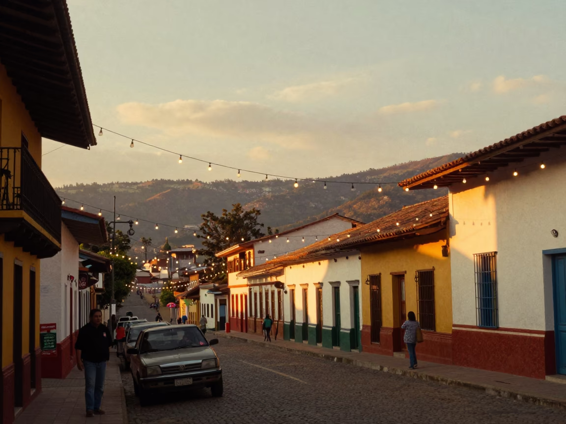 Golden Hour Street Scene in Medellin Colombia with String Lights and Local Life in in Medellin, Colombia