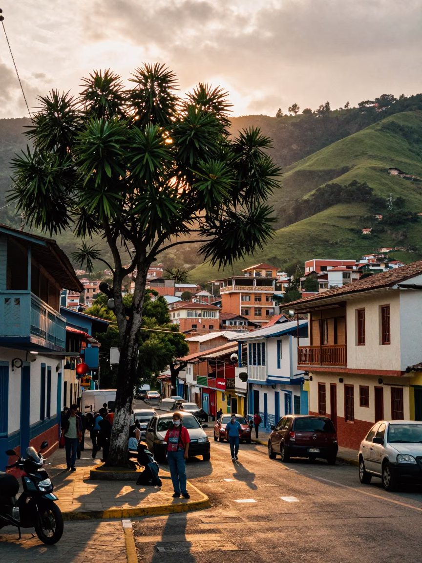 Golden Hour Street Scene in Medellin Colombia with Tamarind Tree and Local Life in in Medellin, Colombia