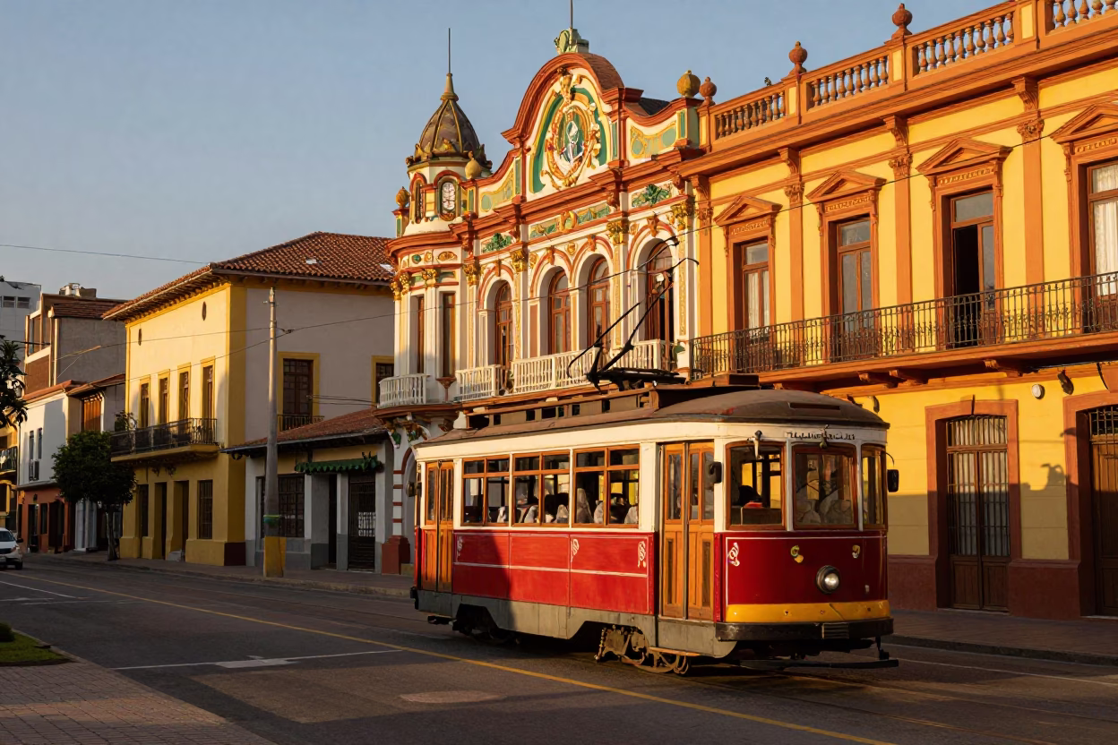 Golden Hour Street Scene in Medellin Colombia with Tram and Colorful Facades in in Medellin, Colombia