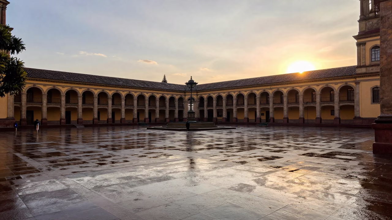Golden Hour Street Scene in Medellin Colombia with University Cloister and Wet Flagstones in in Medellin, Colombia