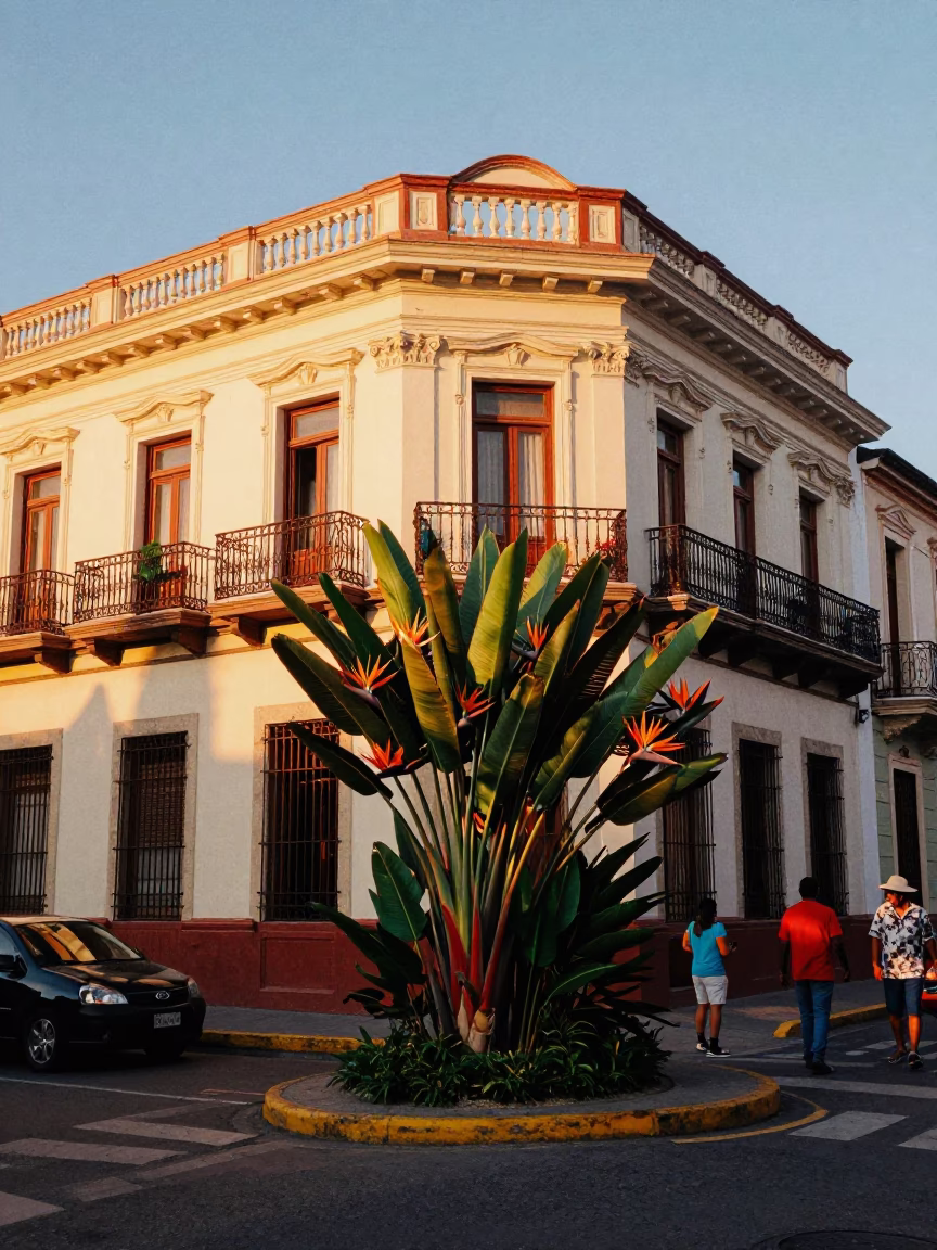 Golden Hour Street Scene in Medellin Colombia with Vibrant Tropical Bird of Paradise Flower in in Medellin, Colombia