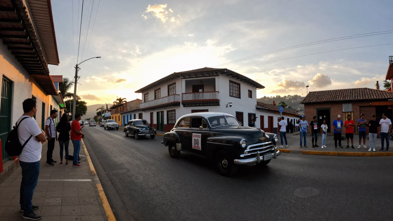 Golden Hour Street Scene in Medellin Colombia with Vintage Car Rally and Local Life in in Medellin, Colombia