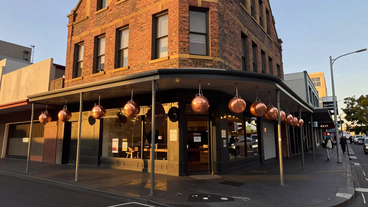 Golden Hour Street Scene in Melbourne Victoria Australia with Copper Pots and Latch Details in in Melbourne, Victoria, Australia
