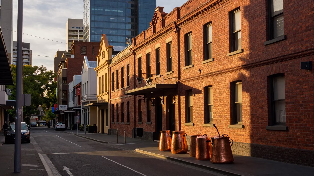 Golden Hour Street Scene in Melbourne Victoria Australia with Copper Pots and Urban Life in in Melbourne, Victoria, Australia