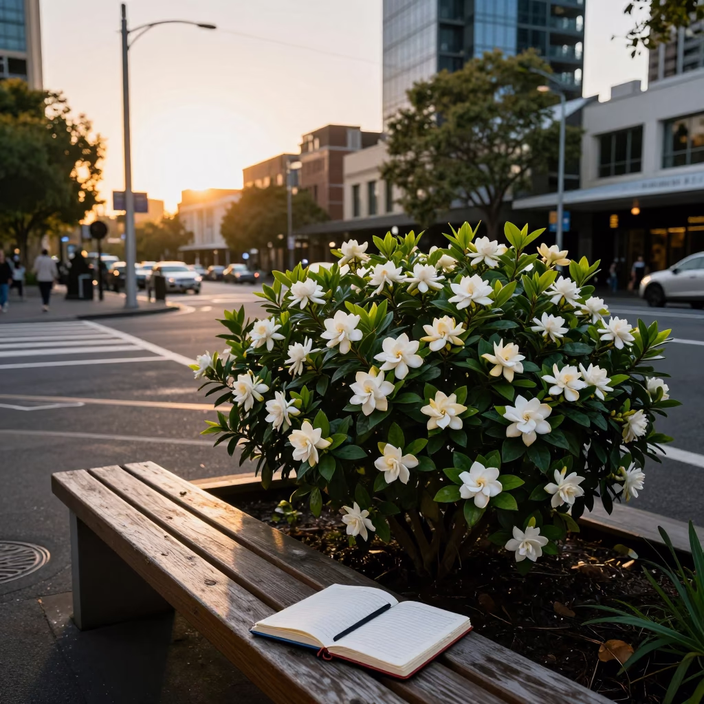 Golden Hour Street Scene in Melbourne Victoria Australia with Gardenia Bush and Notebook in in Melbourne, Victoria, Australia