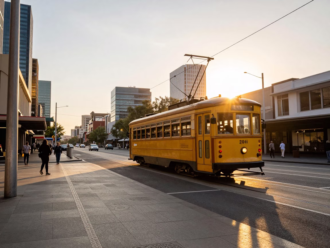 Golden Hour Street Scene in Melbourne Victoria Australia with Tram and Urban Details in in Melbourne, Victoria, Australia