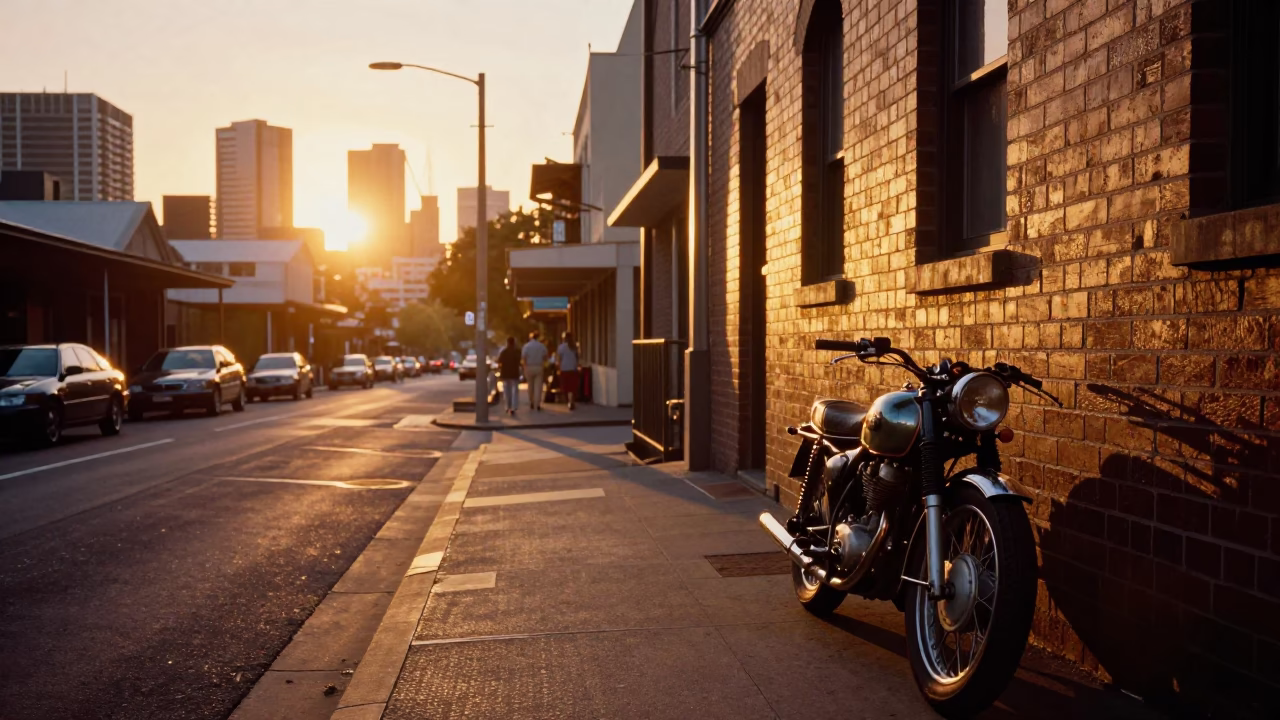 Golden Hour Street Scene in Melbourne Victoria Australia with Vintage Motorcycle and Urban Details in in Melbourne, Victoria, Australia
