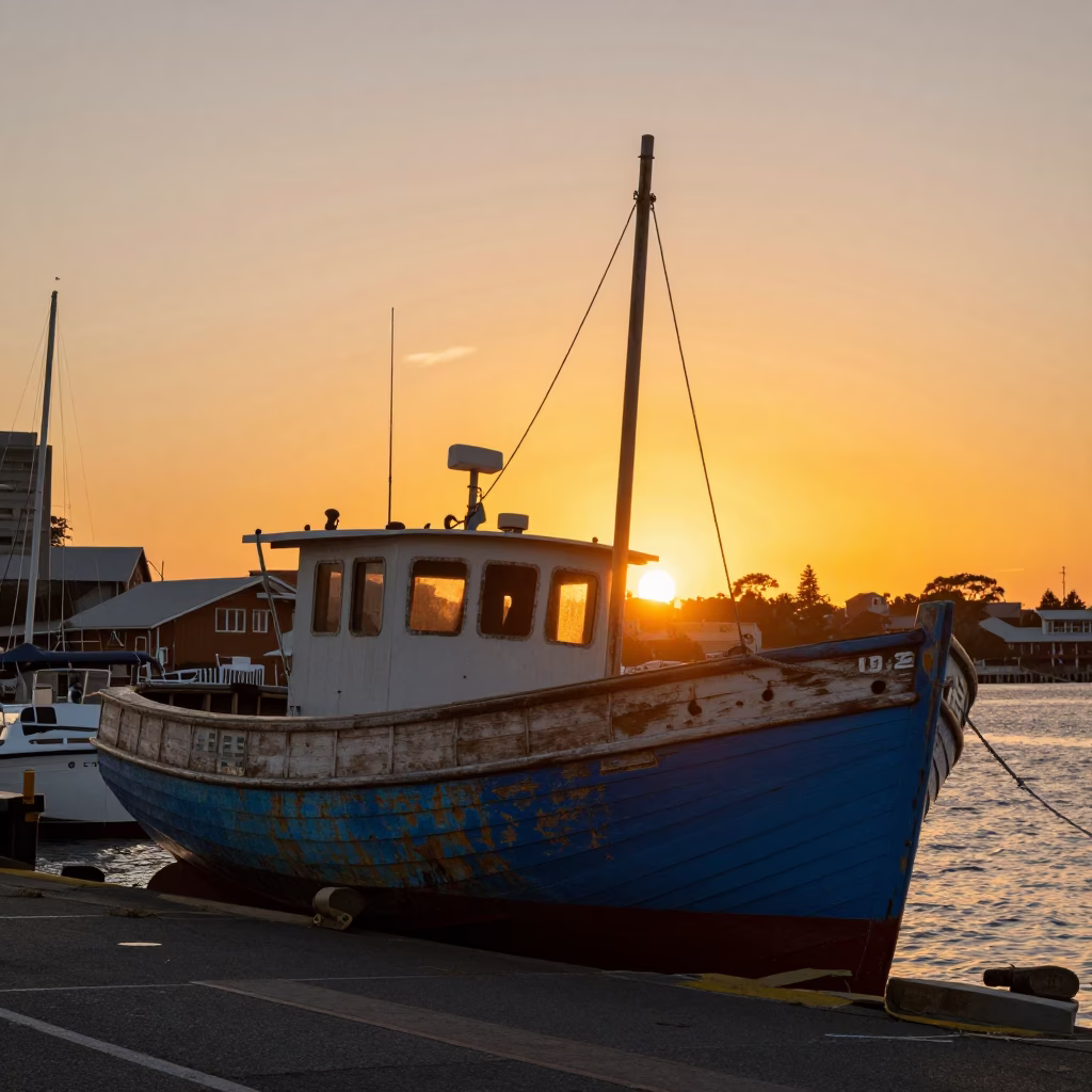 Golden Hour Street Scene in Melbourne Victoria Australia with Wooden Lobster Boat in in Melbourne, Victoria, Australia