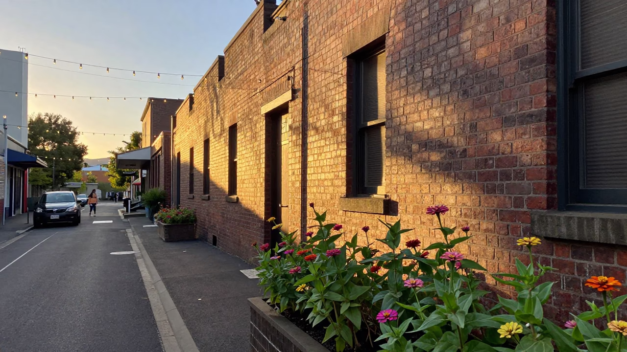 Golden Hour Street Scene in Melbourne Victoria with String Lights and Zinnias in in Melbourne, Victoria, Australia