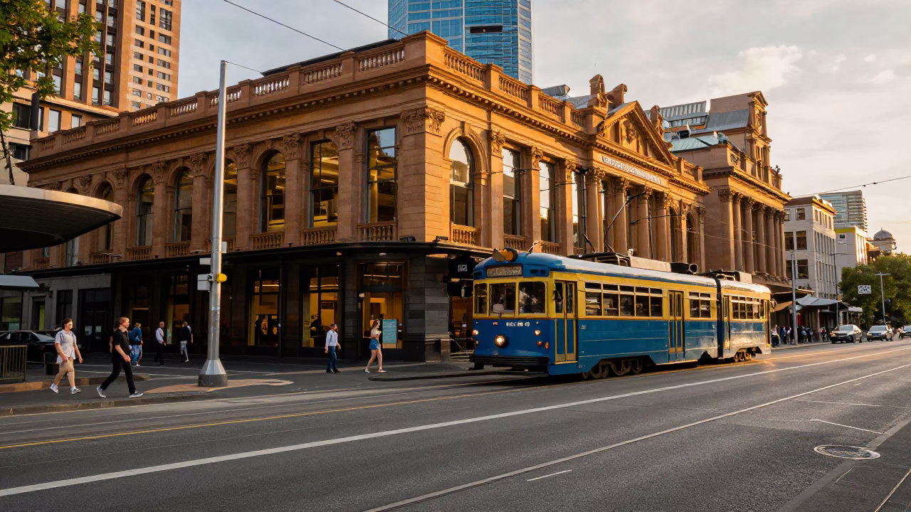 Golden Hour Street Scene in Melbourne Victoria with Tram and Pedestrians in in Melbourne, Victoria, Australia