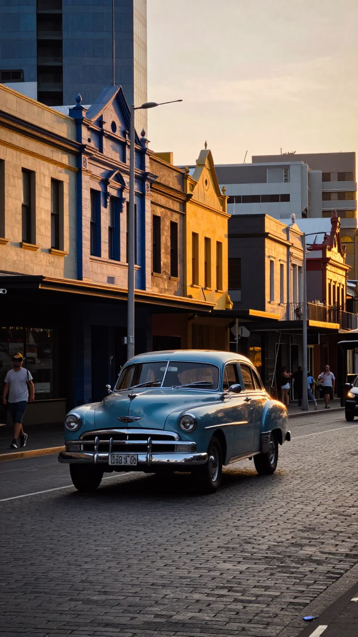 Golden Hour Street Scene in Melbourne Victoria with Vintage Car and Pedestrians in in Melbourne, Victoria, Australia