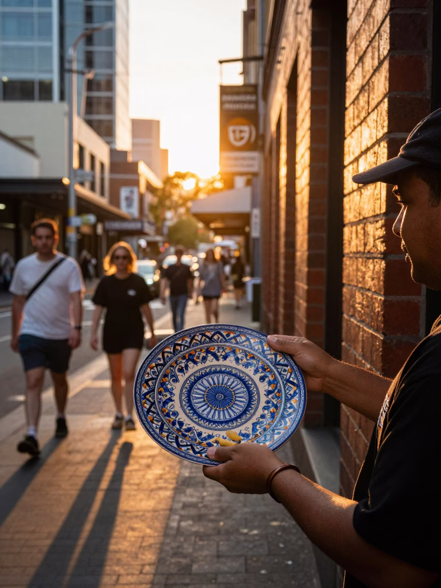 Golden Hour Street Scene in Melbourne Victoria with Vintage Plate and Fish Chips in in Melbourne, Victoria, Australia