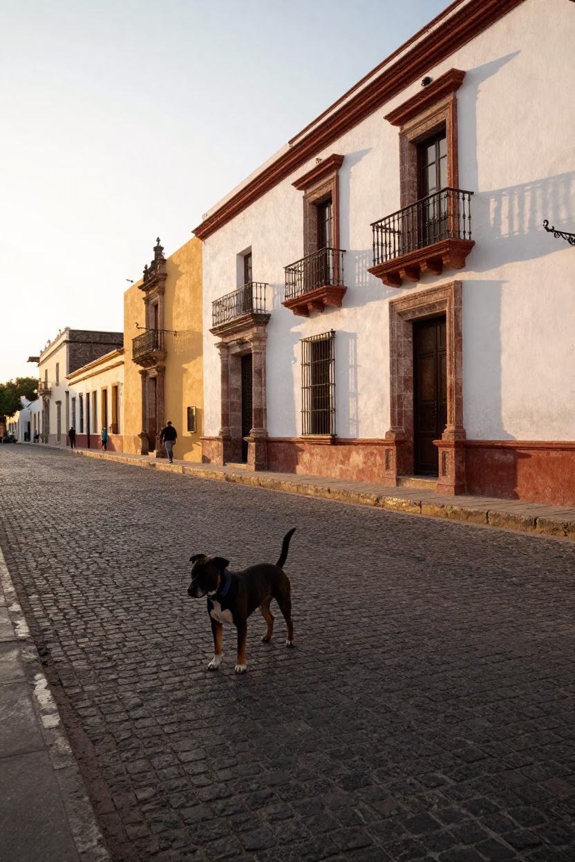 Golden Hour Street Scene in Merida Mexico with American Staffordshire Terrier and Colonial Architecture in in Merida, Mexico