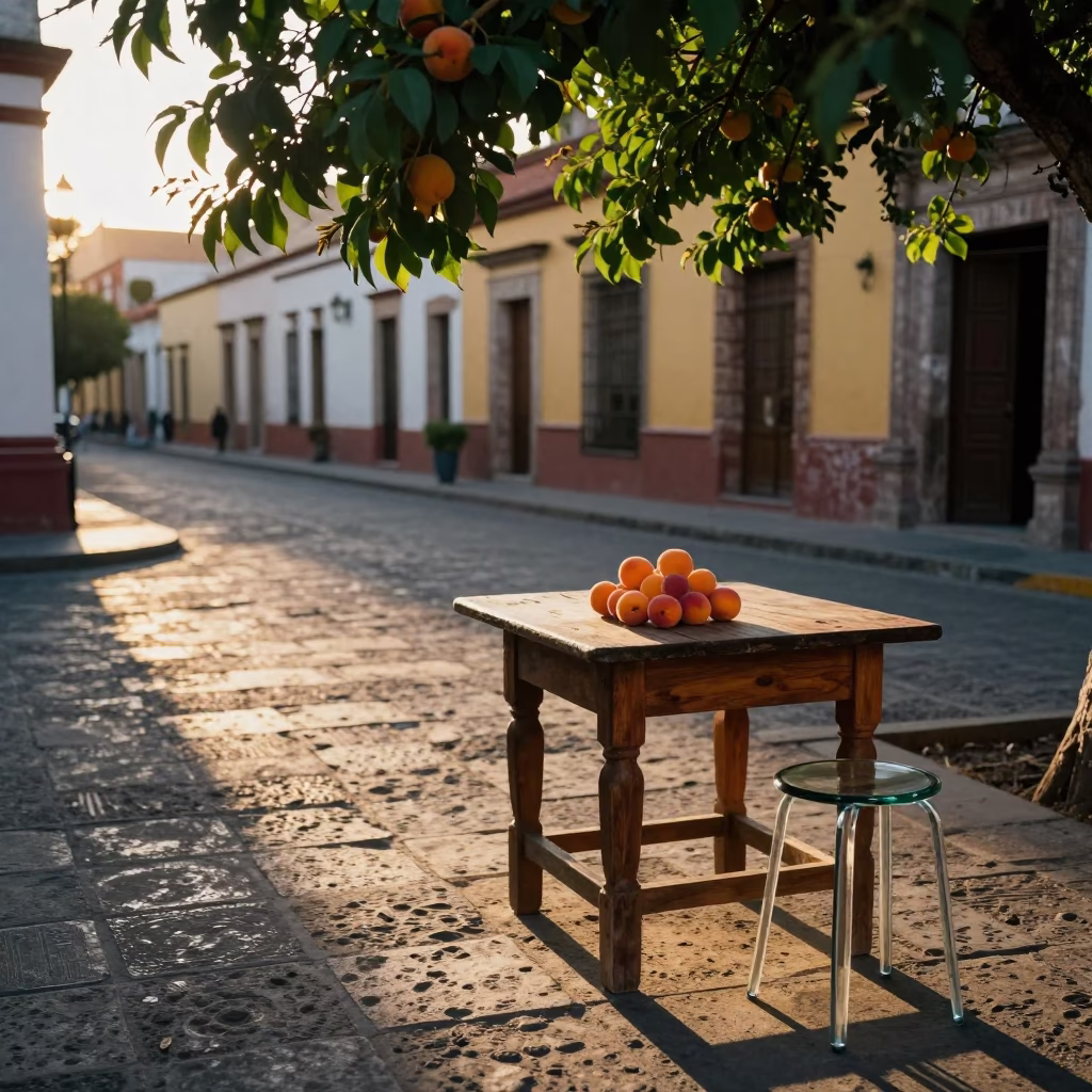 Golden Hour Street Scene in Merida Mexico with Apricots and Glass Stool in in Merida, Mexico
