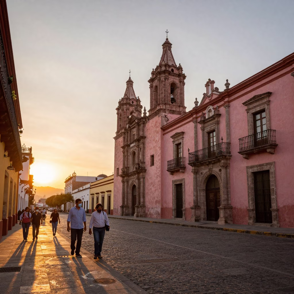 Golden Hour Street Scene in Merida Mexico with Colonial Architecture and Evening Activity in in Merida, Mexico