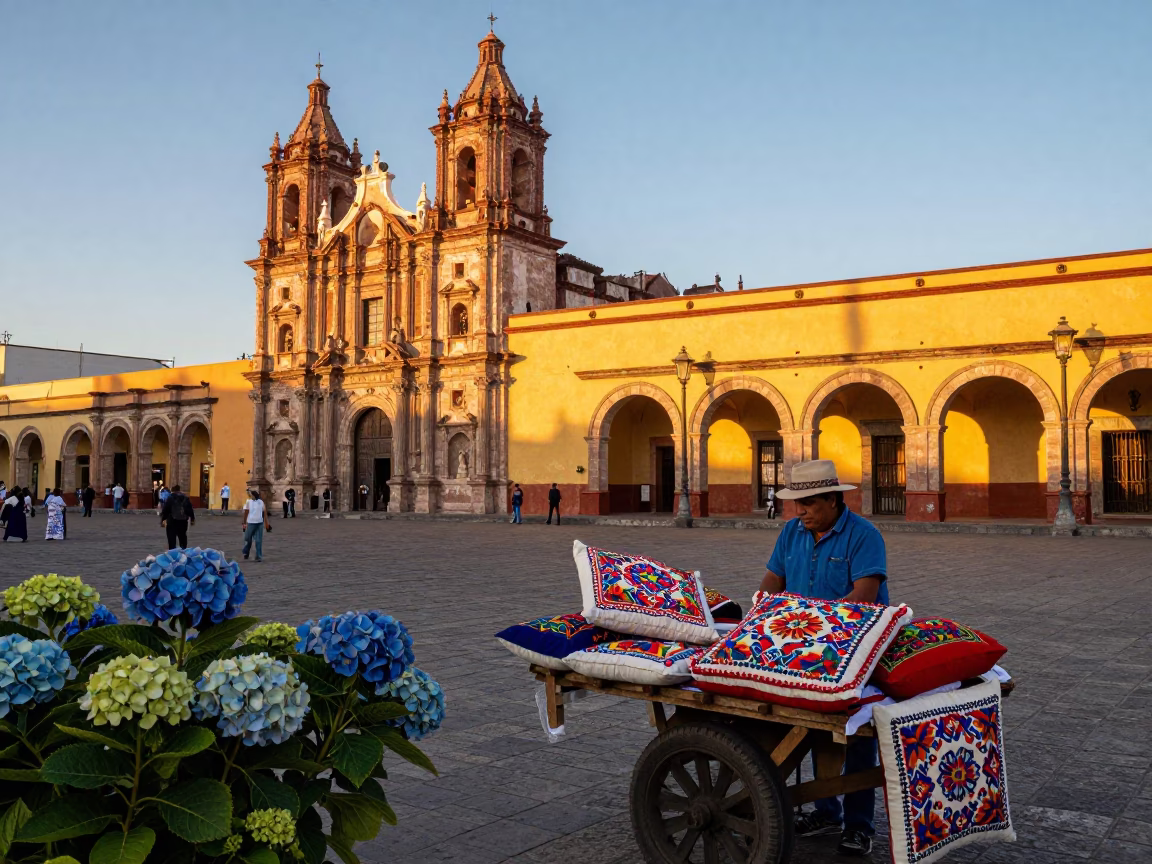 Golden Hour Street Scene in Merida Mexico with Embroidered Cushion and Hydrangeas in in Merida, Mexico