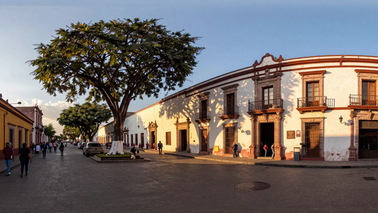 Golden Hour Street Scene in Merida Mexico with Kapok Tree and Busy Local Life in in Merida, Mexico
