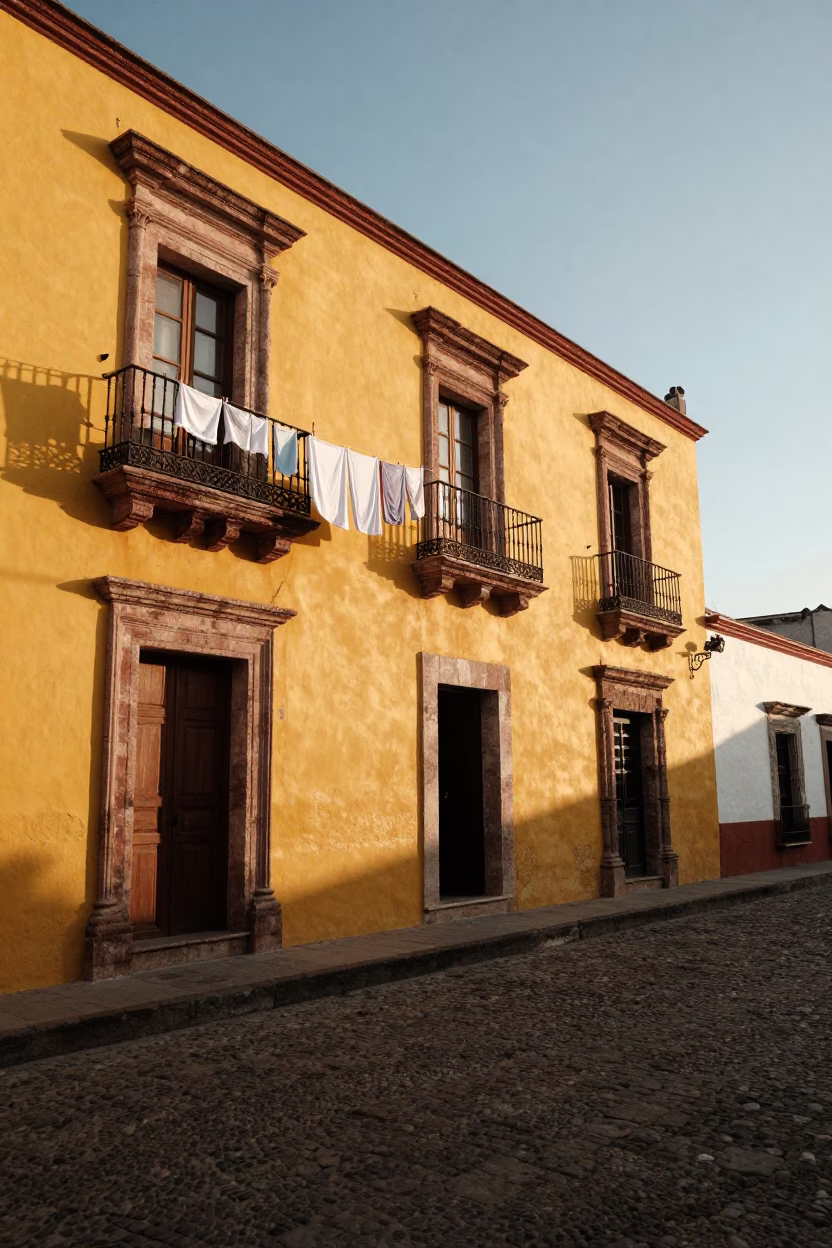Golden Hour Street Scene in Merida Mexico with Laundry and Colonial Architecture in in Merida, Mexico