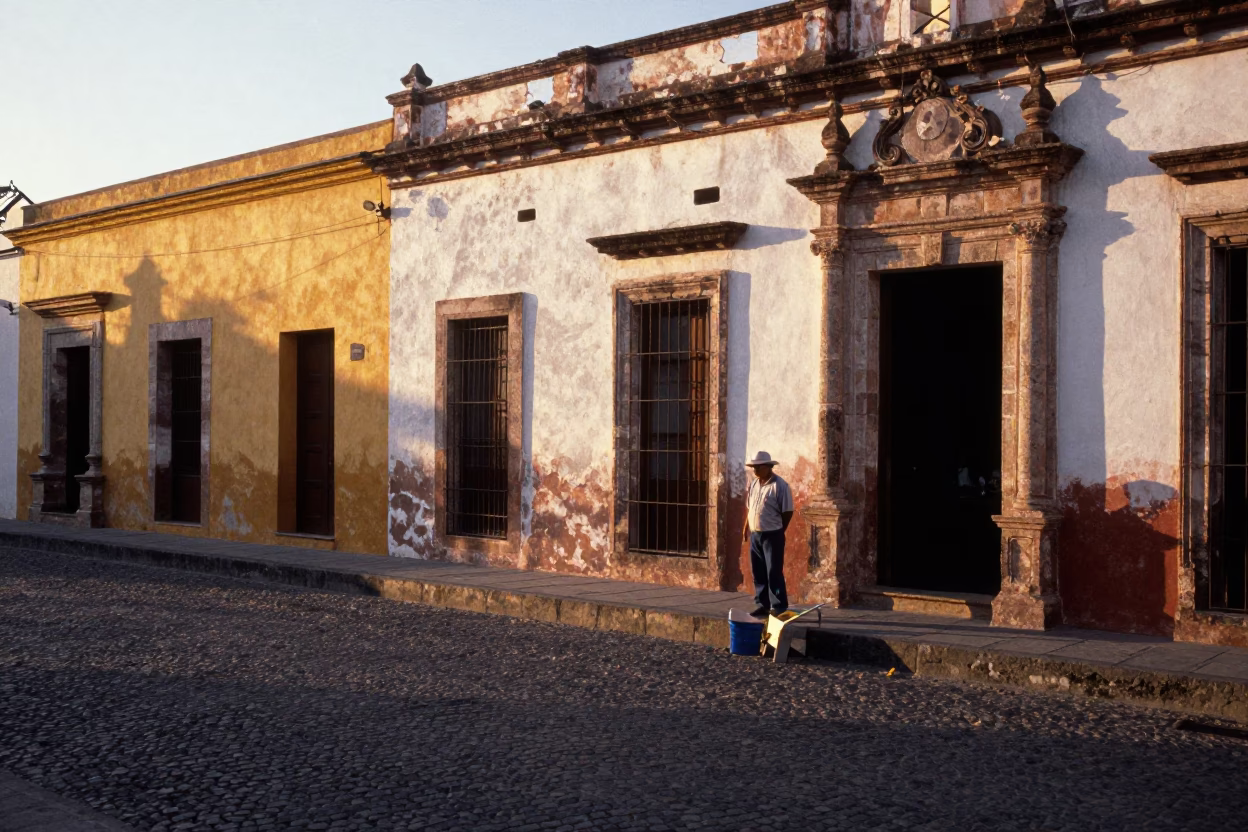 Golden Hour Street Scene in Merida Mexico with Local Vendor and Colonial Architecture in in Merida, Mexico