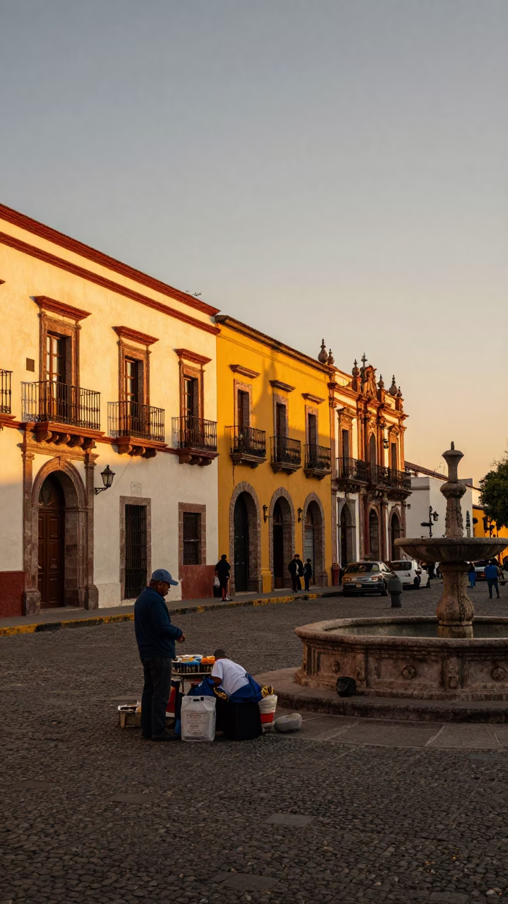 Golden Hour Street Scene in Merida Mexico with Local Vendors and Traditional Architecture in in Merida, Mexico