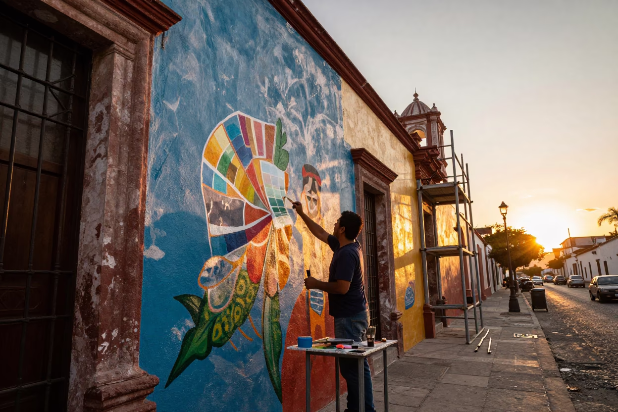 Golden Hour Street Scene in Merida Mexico with Muralist on Scaffold in in Merida, Mexico