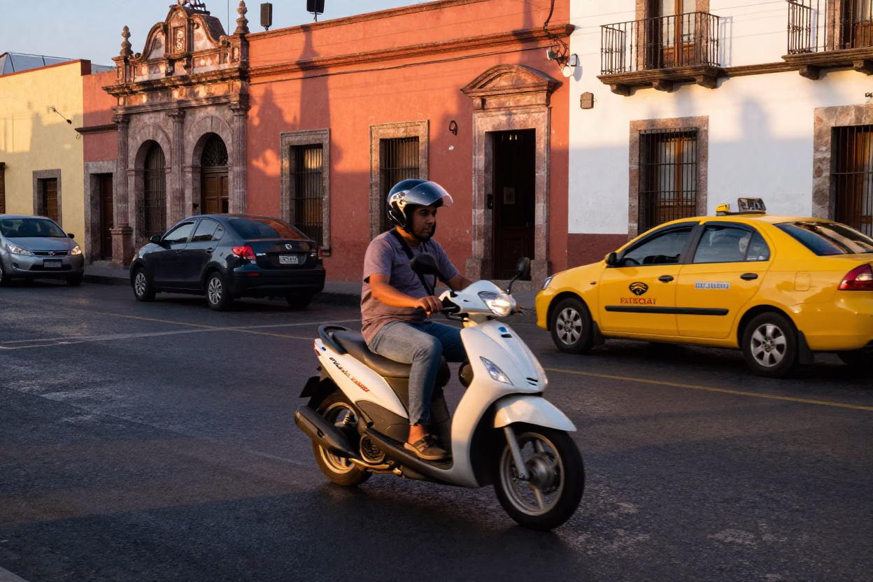 Golden Hour Street Scene in Merida Mexico with Scooter and Traffic in in Merida, Mexico