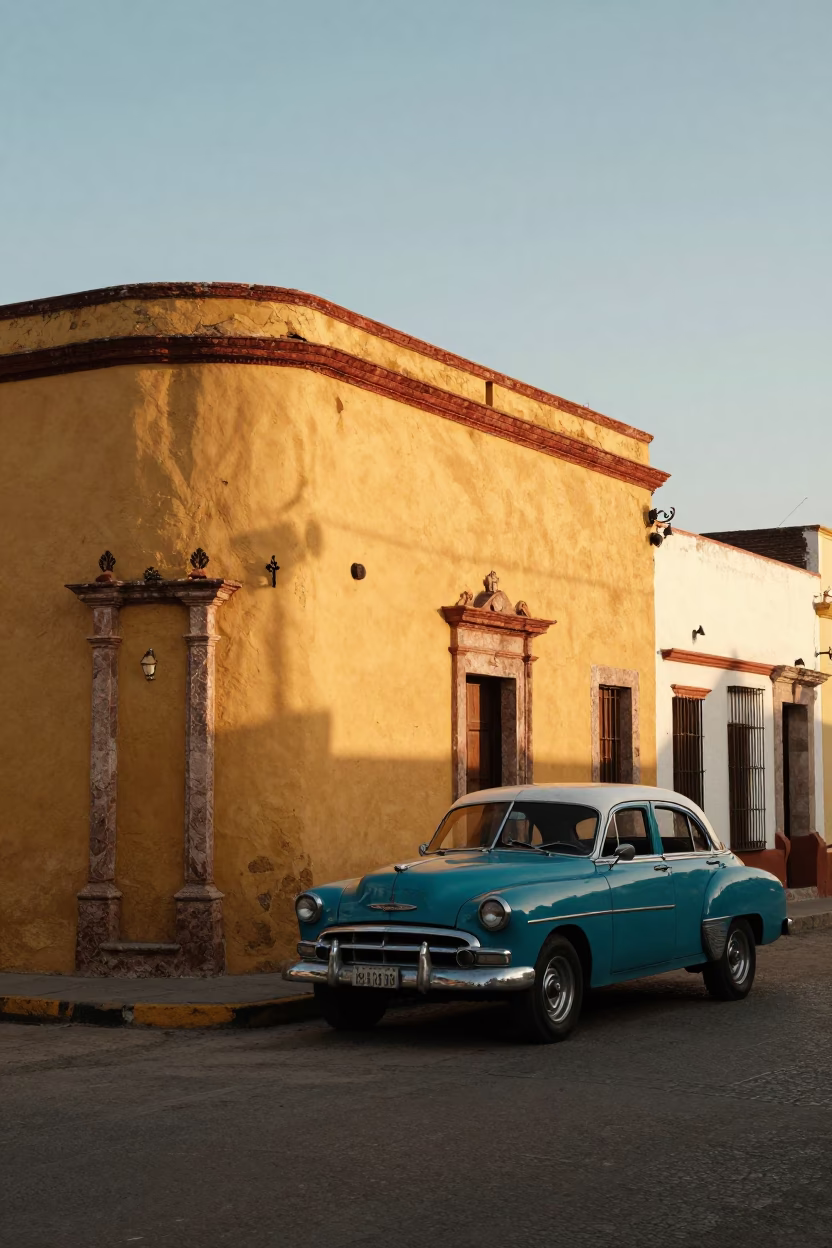 Golden Hour Street Scene in Merida Mexico with Vintage 1950s Details and Local Life in in Merida, Mexico