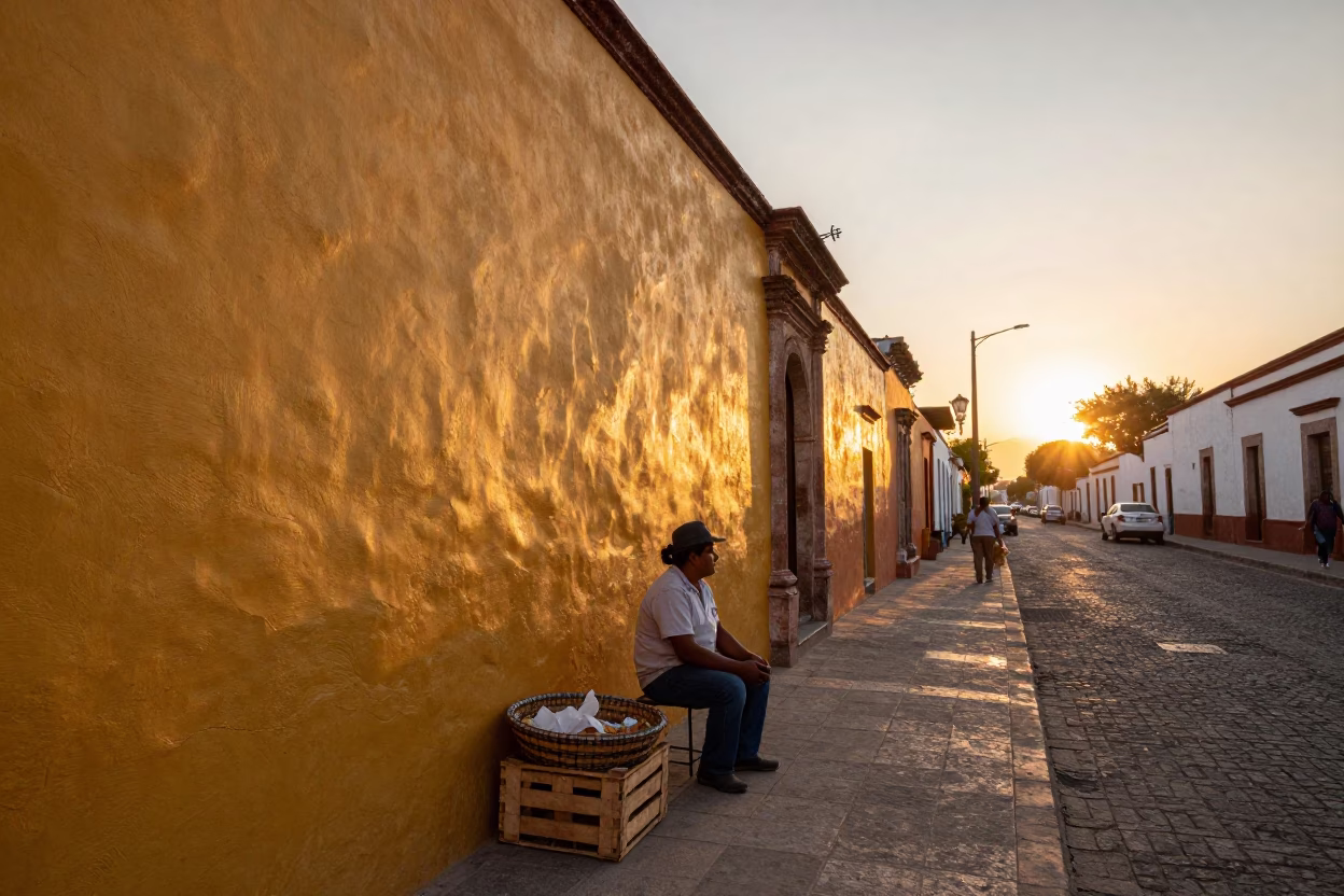 Golden Hour Street Scene in Merida Mexico with Vintage Basket and Sunlight in in Merida, Mexico
