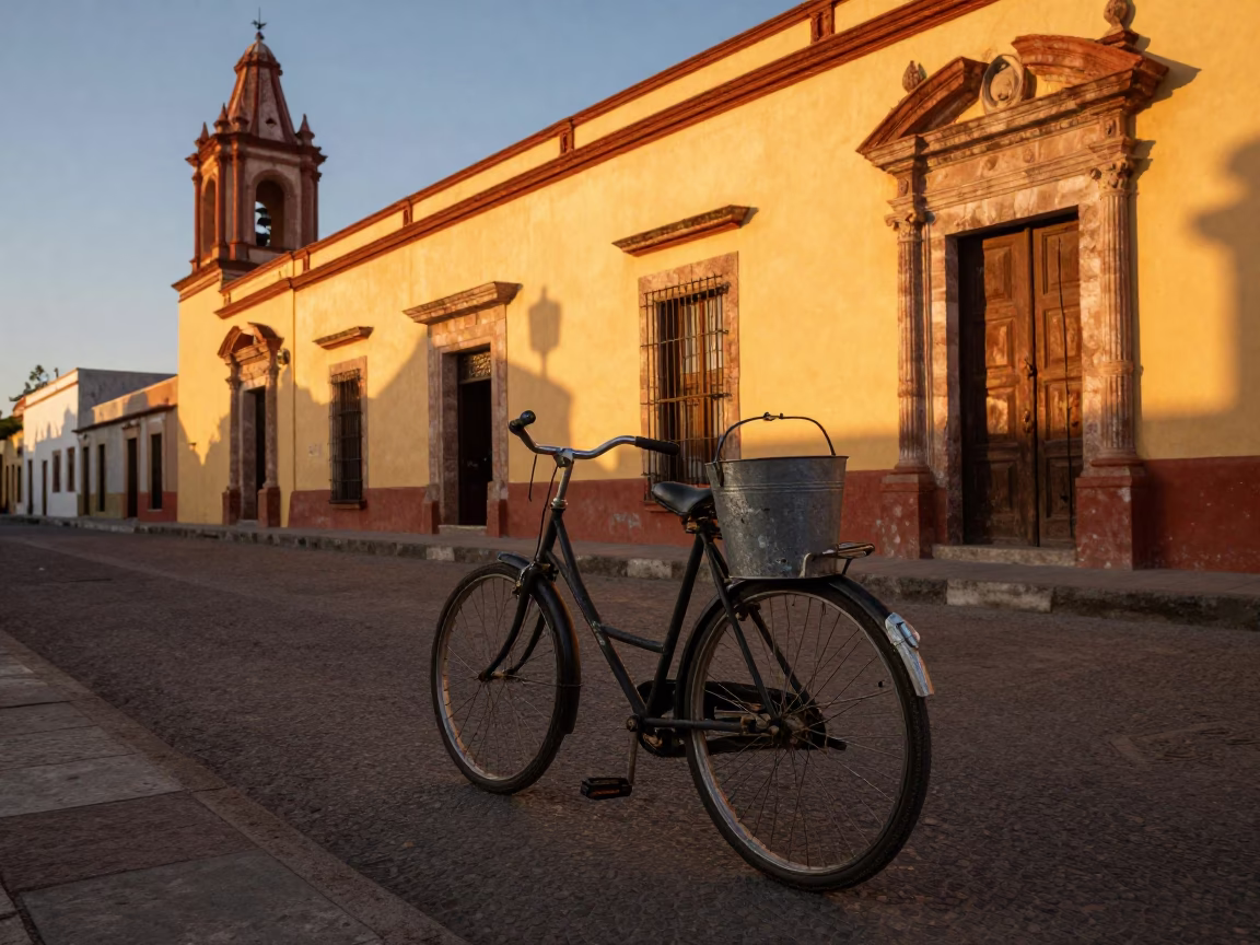 Golden Hour Street Scene in Merida Mexico with Vintage Bicycle and Metal Bucket in in Merida, Mexico