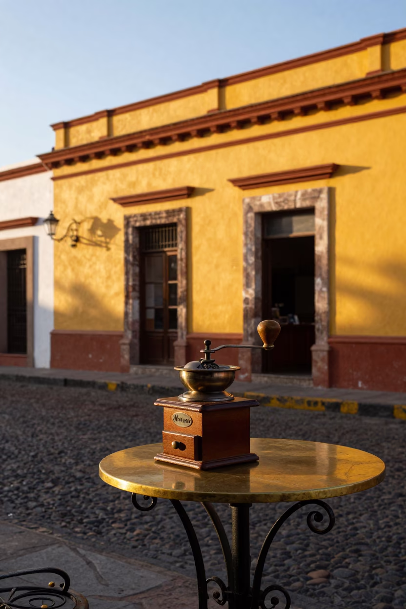 Golden Hour Street Scene in Merida Mexico with Vintage Coffee Grinder and Brass Table in in Merida, Mexico