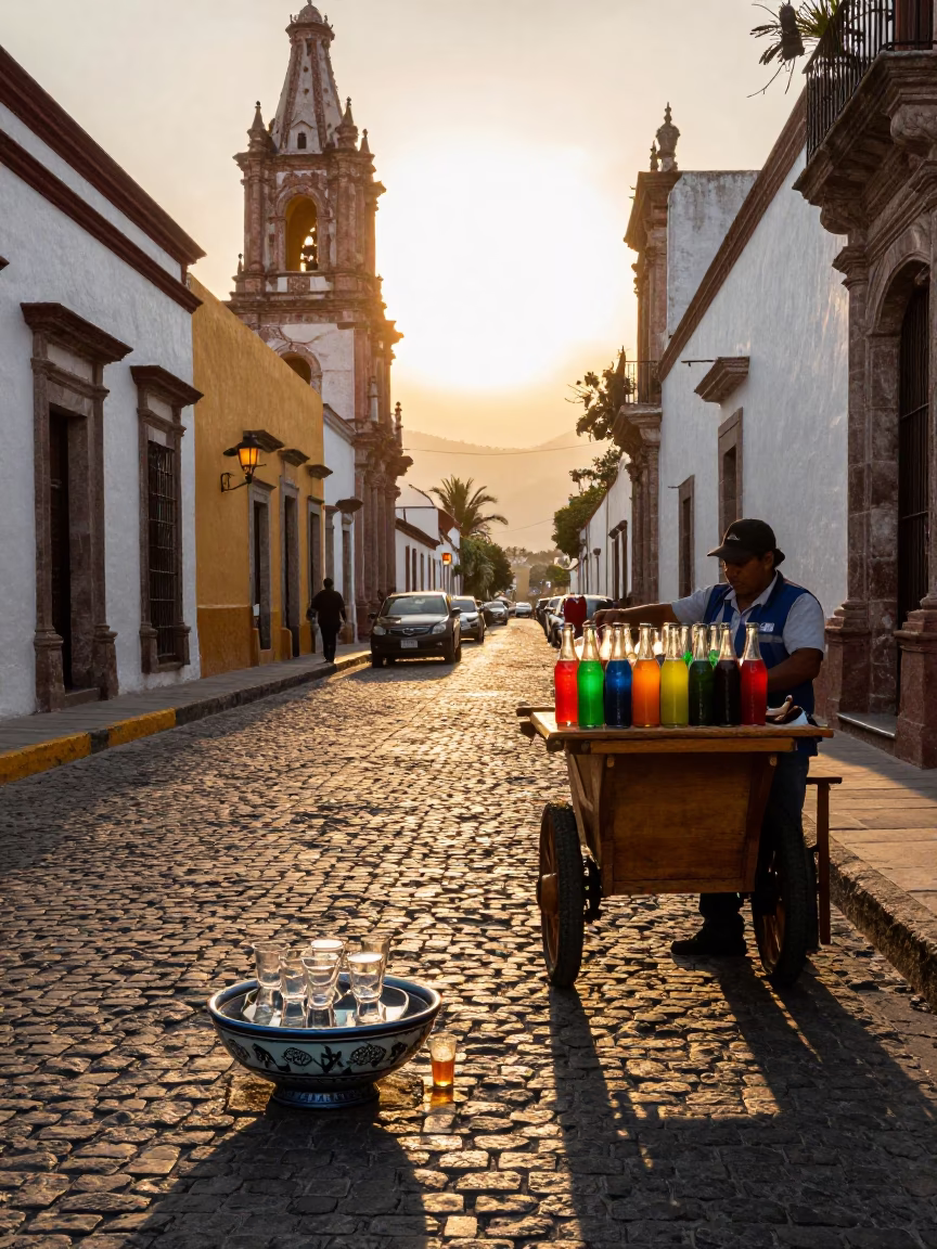 Golden Hour Street Scene in Merida Mexico with Vintage Key Bowl and Glass Bottles in in Merida, Mexico