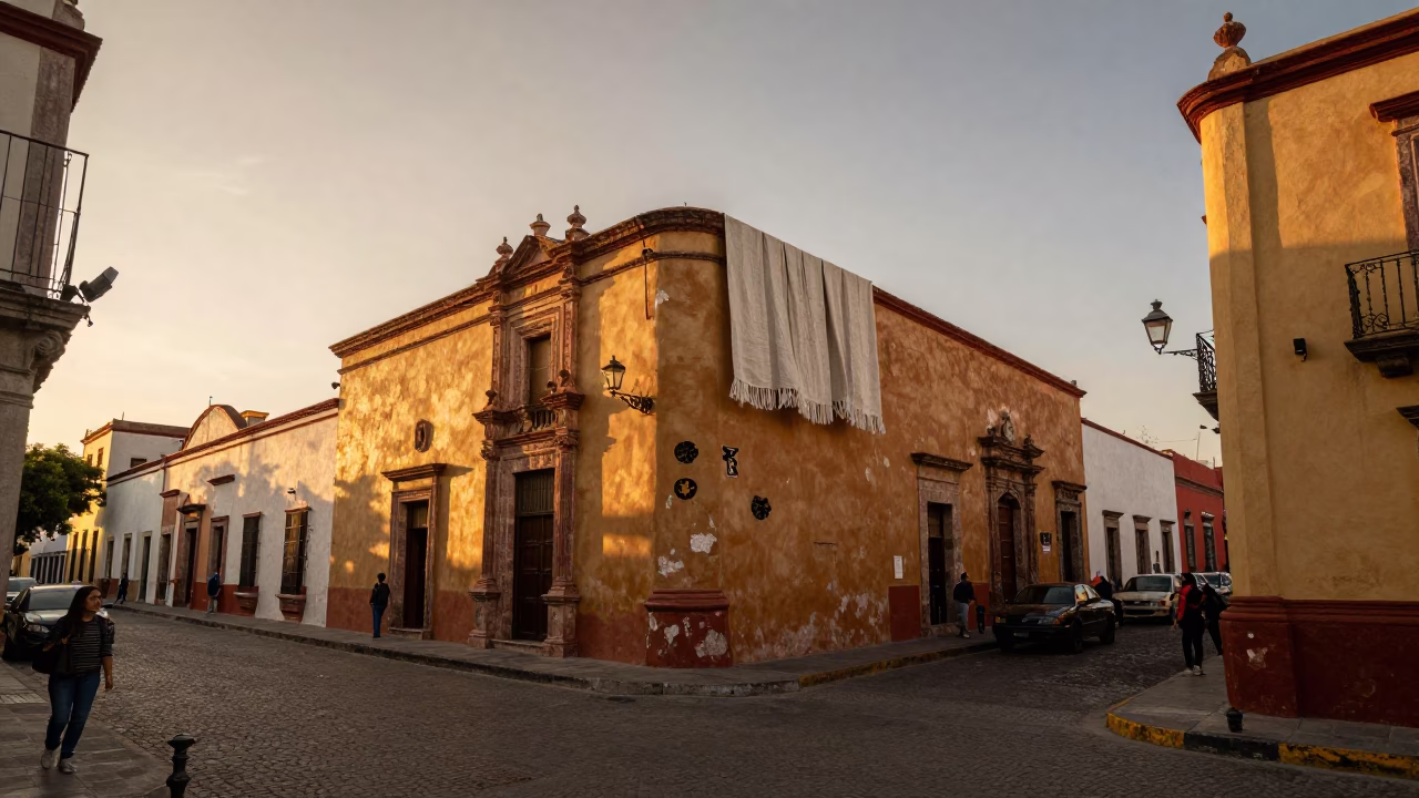 Golden Hour Street Scene in Merida Mexico with Vintage Linen Fringe Detail in in Merida, Mexico